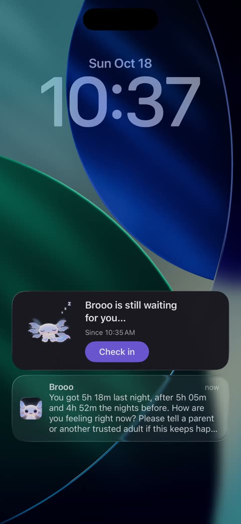 An iPhone Lock Screen with a check-in from Brooo about three short nights of sleep